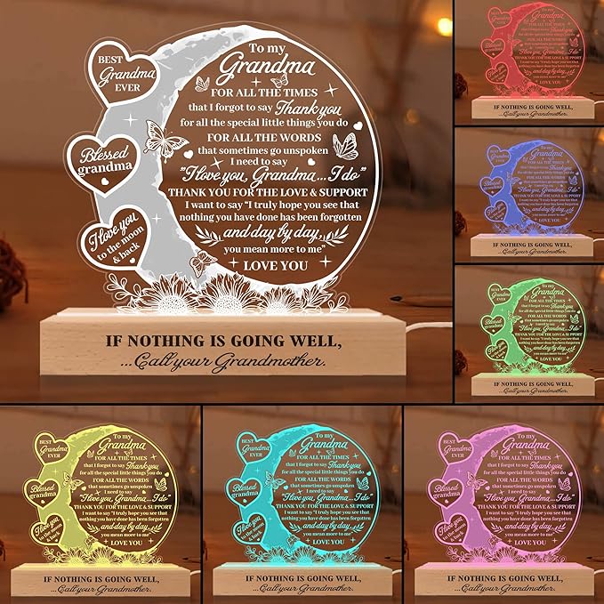 Grandma 3D Illusion Lamp w Wooden Base USB Powered Acrylic Night Light, Grandma Gifts from Grandchildren, to My Grandma Lamp Present, Gift for Grandmother, Gifts for Birthday Mothers Day - LeafyLoom