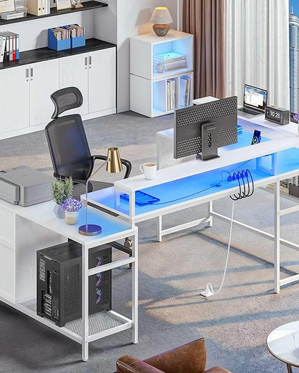 YITAHOME U Shaped Desk, L Shaped Desk with Drawers, Reversible Computer Desk with Power Outlets & LED Lights, Corner Desk Office Desk with Monitor Stand & Storage Shelves, White - LeafyLoom
