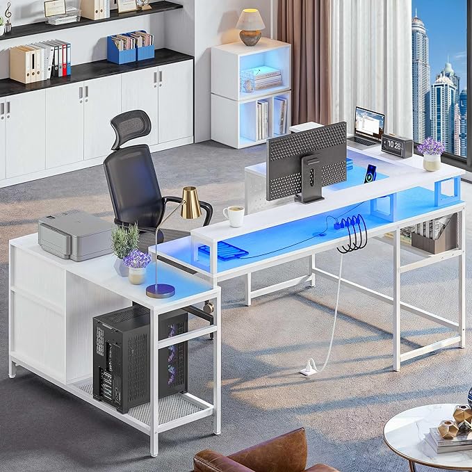 YITAHOME U Shaped Desk, L Shaped Desk with Drawers, Reversible Computer Desk with Power Outlets & LED Lights, Corner Desk Office Desk with Monitor Stand & Storage Shelves, White - LeafyLoom