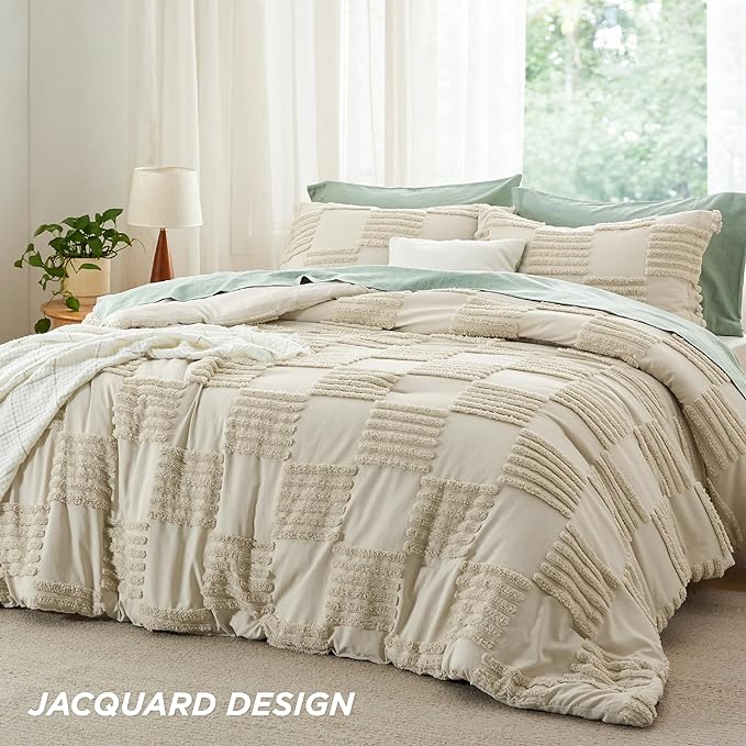 Bedsure Queen Size Comforter Set Linen, Boho Tufted Bedding Comforter Set, Grande Checkered Farmhouse Shabby Chic Bed Set, 3 Pieces, 1 Plaid Geometric Comforter and 2 Pillow Shams - LeafyLoom