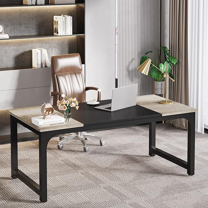 70.8 Inch X-Large Executive Computer office desk, Grey+Black - LeafyLoom