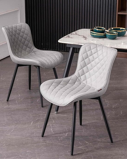 YOUTASTE Grey Dining Chairs Set of 2 Mid Century Modern PU Leather Diamond Upholstered Accent Guest Dinner Chair with Back Metal Legs for Kitchen Living Reception Waiting Room - LeafyLoom