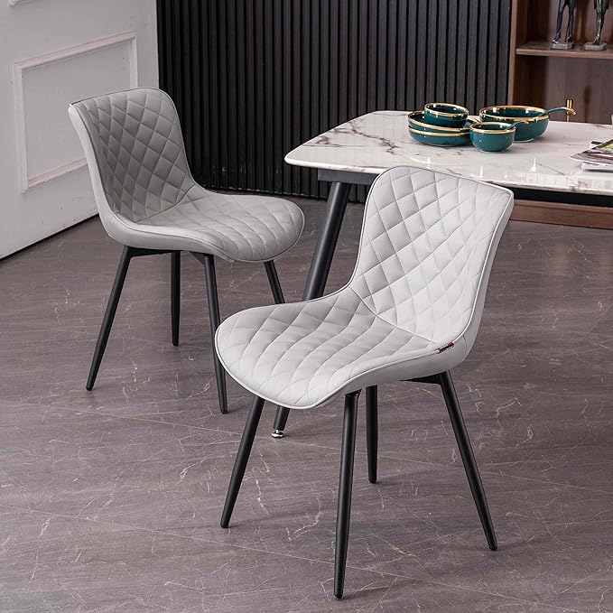 YOUTASTE Grey Dining Chairs Set of 2 Mid Century Modern PU Leather Diamond Upholstered Accent Guest Dinner Chair with Back Metal Legs for Kitchen Living Reception Waiting Room - LeafyLoom