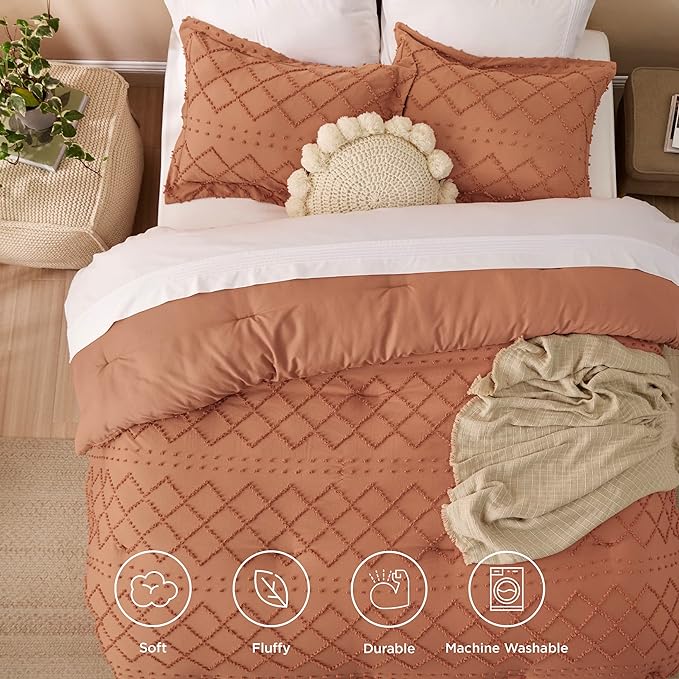 Bedsure California King Comforter Set - Pumpkin Comforter, Boho Tufted Shabby Chic Bedding Comforter Set, 3 Pieces Farmhouse Bed Set for All Seasons, Fluffy Soft Bedding Set with 2 Pillow Shams - LeafyLoom