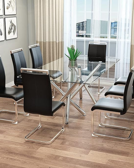 Dining Chairs Set of 8, Kitchen Modern Metal Chairs with Faux Leather Padded Seat High Back and Sturdy Chrome Legs, Chairs for Dining Room (Black, Set of 8) - LeafyLoom