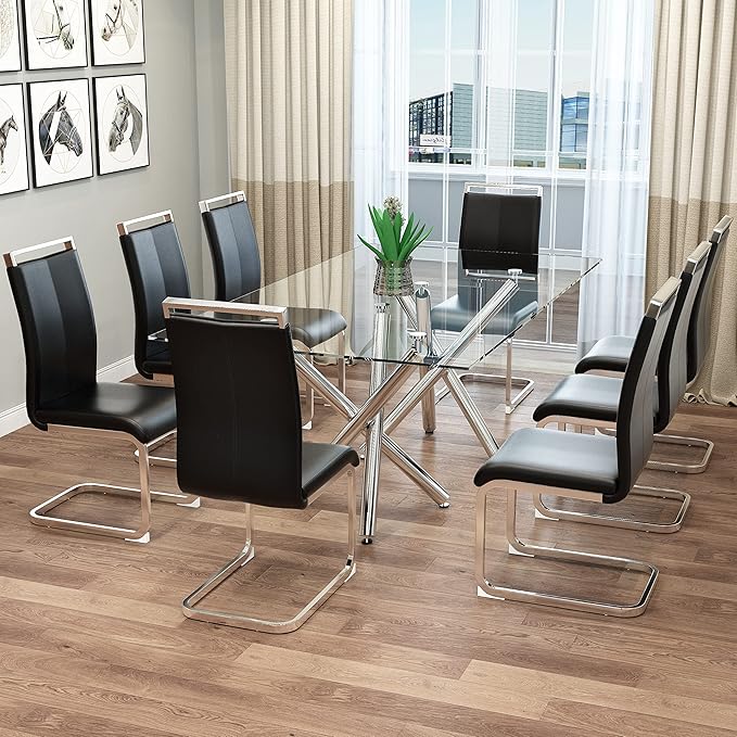 Dining Chairs Set of 8, Kitchen Modern Metal Chairs with Faux Leather Padded Seat High Back and Sturdy Chrome Legs, Chairs for Dining Room (Black, Set of 8) - LeafyLoom