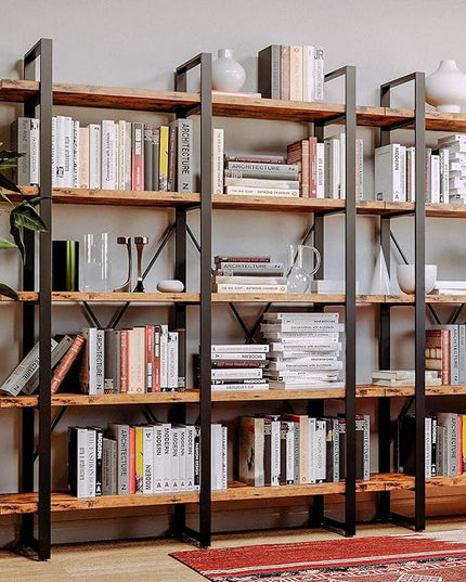 IRONCK Industrial Bookshelf and Bookcase Double Wide 5 Tier, Large Open Shelves, Wood and Metal Bookshelves for Home Office Furniture, Easy Assembly - LeafyLoom
