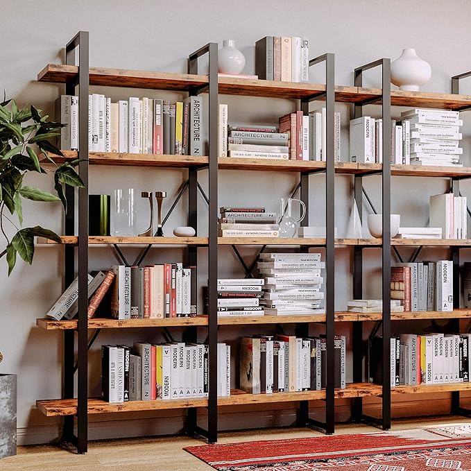 IRONCK Industrial Bookshelf and Bookcase Double Wide 5 Tier, Large Open Shelves, Wood and Metal Bookshelves for Home Office Furniture, Easy Assembly - LeafyLoom
