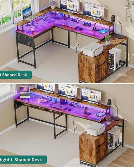 YITAHOME U Shaped Desk, L Shaped Desk with Drawers, Reversible Computer Desk with Power Outlets & LED Lights, Corner Desk Office Desk with Monitor Stand & Storage Shelves, Rustic Brown - LeafyLoom