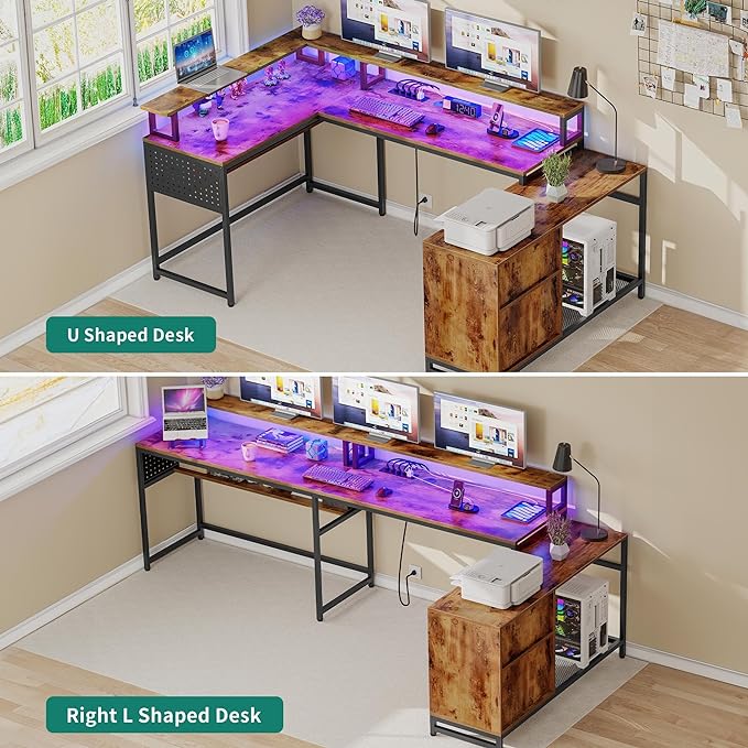 YITAHOME U Shaped Desk, L Shaped Desk with Drawers, Reversible Computer Desk with Power Outlets & LED Lights, Corner Desk Office Desk with Monitor Stand & Storage Shelves, Rustic Brown - LeafyLoom