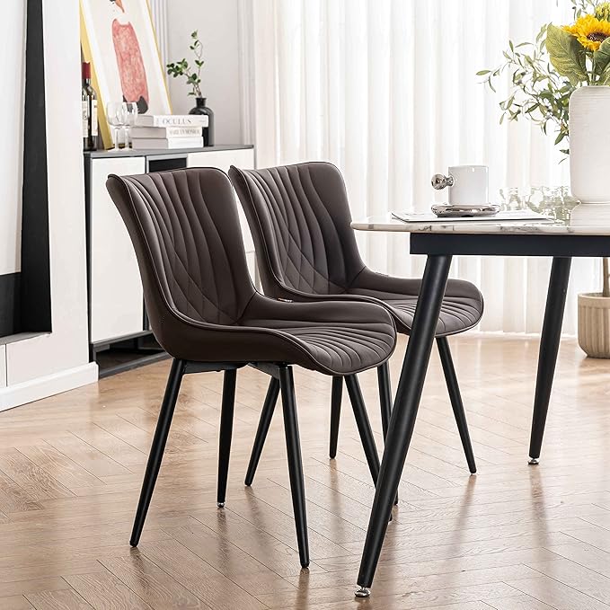 YOUTASTE Brown Dining Chairs Set of 2 Upholstered Mid Century Modern Kitchen&Dining Room Chairs Armless Faux Leather Accent Chairs Vanity Lounge Side Chair with Back for Waiting Room Bedrooms - LeafyLoom