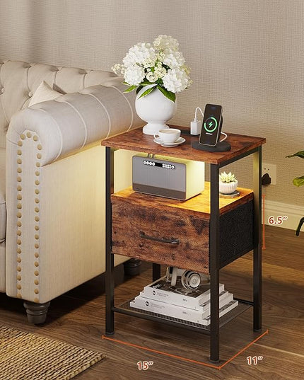 Night Stand Set 2, End Table with Charging Station, LED Bedside Table with Fabric Drawer for Bedroom, 3-Tier Side Table with Open Shelf, Rustic Brown - LeafyLoom