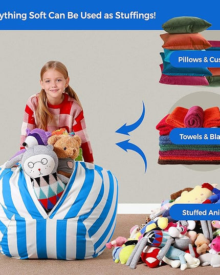 Aubliss Stuffed Animal Bean Bag Storage Chair (Blue/White Striped, Medium (32'')) - LeafyLoom