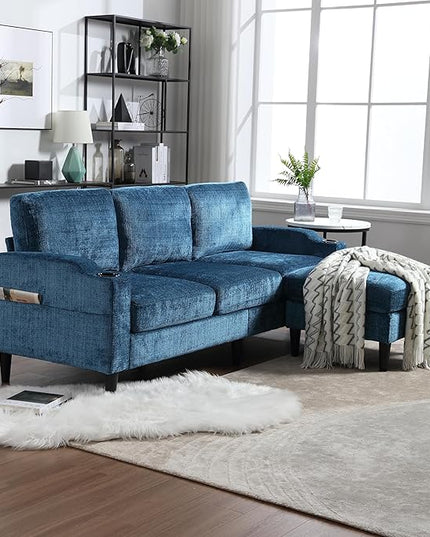 77.36" Modern Chenelle Polyester Sectional Sofa,L-Shaped Couch with Storage Ottoman,3 Seat Interior Furniture W/Pockets and Both Armrests Contain Cup Holders,for Dorm,Apartment,Teal - LeafyLoom