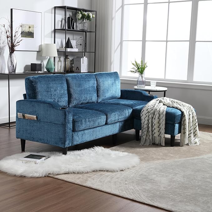 77.36" Modern Chenelle Polyester Sectional Sofa,L-Shaped Couch with Storage Ottoman,3 Seat Interior Furniture W/Pockets and Both Armrests Contain Cup Holders,for Dorm,Apartment,Teal - LeafyLoom
