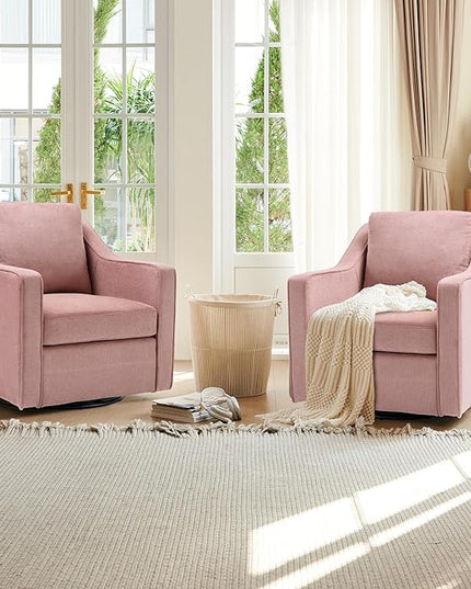 COLAMY 360° Swivel Accent Chair Set of 2, Upholstered Fabric Leisure Armchair with Lumbar Pillow for Living Room Bedroom Home Office, Pink - LeafyLoom