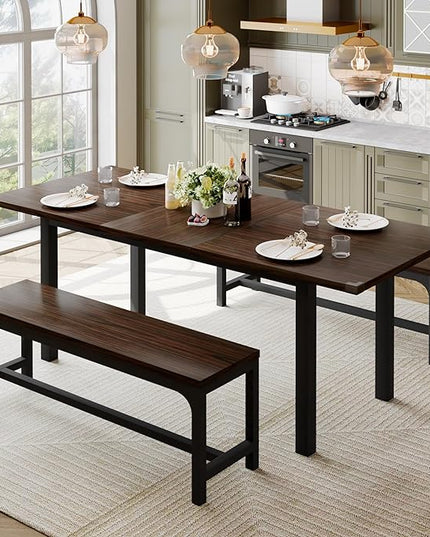Feonase 63" Extendable Dining Room Table Set for 4, Modern Dining Table with 2 Benches, 3 Pcs Kitchen Table for Small Space, Easy Clean, Espresso - LeafyLoom