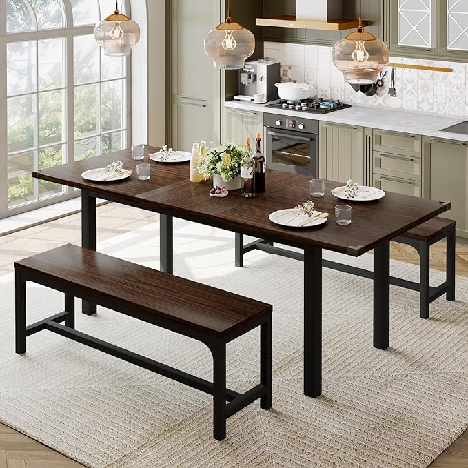 Feonase 63" Extendable Dining Room Table Set for 4, Modern Dining Table with 2 Benches, 3 Pcs Kitchen Table for Small Space, Easy Clean, Espresso - LeafyLoom