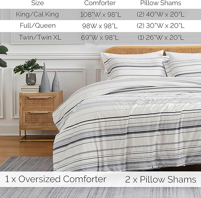 Southshore Fine Living, Inc. Twin Comforter Set, Down Alternative All-Season Striped Comforter with Matching Pillow Sham, Soft Coastal Bedspread for Twin or Twin XL Bed, Coastal Stripes Grey - LeafyLoom