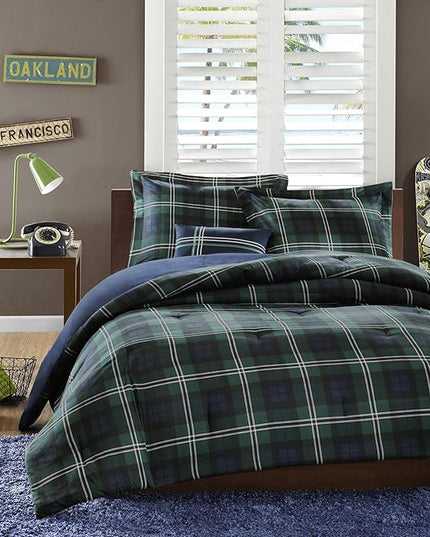 MI ZONE Cozy Comforter Set Cabin Lifestyle Plaid Design All Season Bedding Matching Shams, Decorative Pillow, Twin/Twin XL, Brody Blue 3 Piece, Green/Navy - LeafyLoom