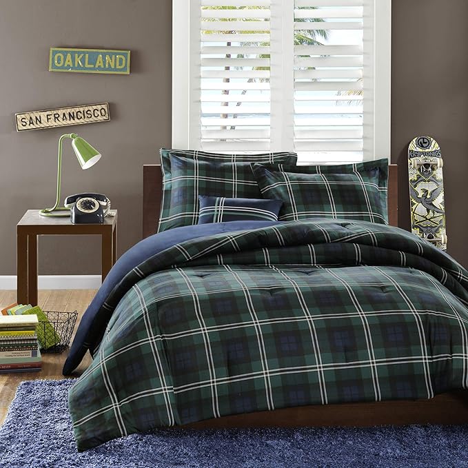 MI ZONE Cozy Comforter Set Cabin Lifestyle Plaid Design All Season Bedding Matching Shams, Decorative Pillow, Twin/Twin XL, Brody Blue 3 Piece, Green/Navy - LeafyLoom