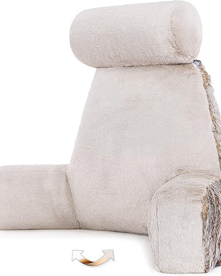 Husband Pillow XXL Ultra Rare Baby Chinchilla Backrest, Two-Tone Reversible Double Sided Fabulous Faux Fur Reading & Bed Rest Pillow with Arms & Neck Roll, Adjustable Memory Foam - Extremely Comfy - LeafyLoom
