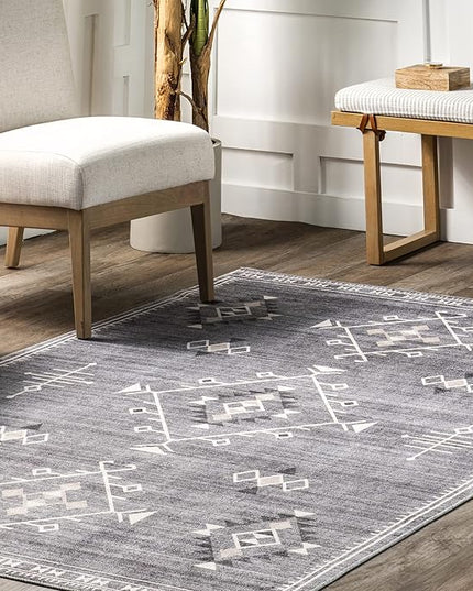 nuLOOM Evalyn Southwestern Machine Washable Ultra Thin Area Rug, 5' x 8', Grey - LeafyLoom