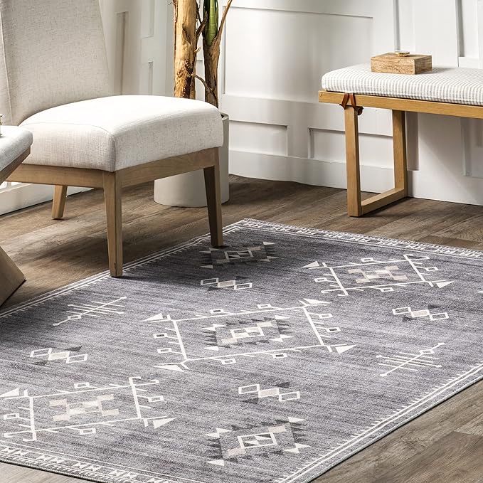nuLOOM Evalyn Southwestern Machine Washable Ultra Thin Area Rug, 5' x 8', Grey - LeafyLoom