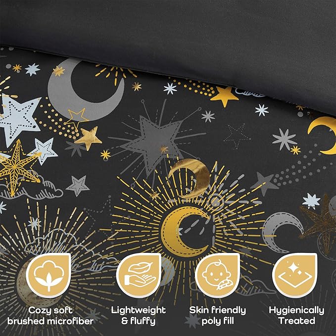 Mi Zone Kids Twin Comforter Set, Celestial Metallic Comforter Set Starry Sky, Moon & Sun Comforter, All Seasons Lightweight & Fluffy Comforter Bed Set, 1 Sham, Celia, Twin Charcoal/Gold 3 Piece - LeafyLoom