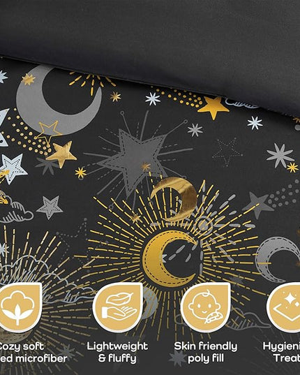 Mi Zone Kids Full Comforter Set, Celestial Metallic Comforter Set Starry Sky, Moon & Sun Comforter, All Seasons Lightweight & Fluffy Comforter Bed Set, 2 Shams, Celia, Full/Queen Charcoal/Gold 4 Piece - LeafyLoom