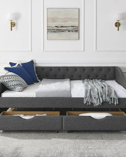 Full Size Daybed with Two Storage Drawers, Linen Upholstered Tufted Sofa Bed w/Button on Back and Copper Nail on Waved Shape Arms, for Bedroom Living Room, No Box Spring Needed, Dark Grey - LeafyLoom