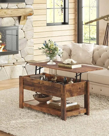 WLIVE Coffee Table, 39" Lift Top Coffee Table with Hidden Compartment and Storage Shelf for Living Room, Rustic Brown - LeafyLoom