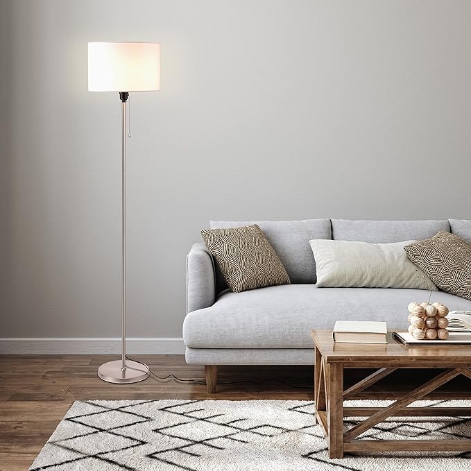 O’Bright Ted - Drum Shade Standing Lamp, Pull Chain Switch, E26 Socket, Modern Minimalist Design, Simple Floor Lamp for Living Room, Bedroom, Office, Brushed Nickel - LeafyLoom