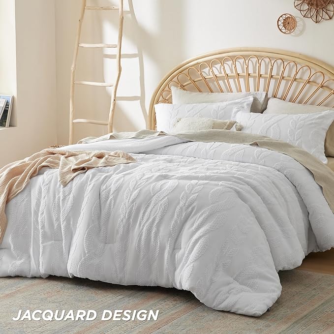 Bedsure King Size Comforter Set White, Boho Tufted Bedding Comforter Set, Farmhouse Jacquard Cable Knit Pattern Bed Set, 3 Pieces, 1 Shabby Chic Fluffy Comforter & 2 Pillow Shams - LeafyLoom