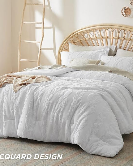 Bedsure Twin/Twin XL Size Comforter Set White, Boho Tufted Bedding Comforter Set, Farmhouse Jacquard Cable Knit Pattern Bed Set, 2 Pieces, 1 Shabby Chic Fluffy Comforter & 1 Pillow Sham - LeafyLoom