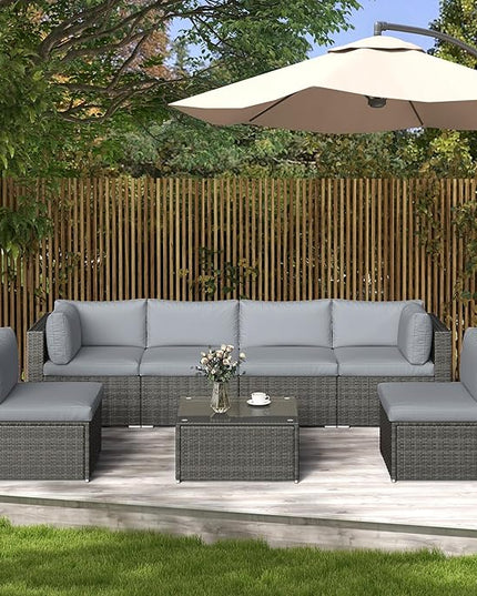 SUNVIVI OUTDOOR 7 Piece Patio Furniture Sets All Weather Gery PE Wicker Couch Sofa with Glass Table, Removable Grey Cushions - LeafyLoom