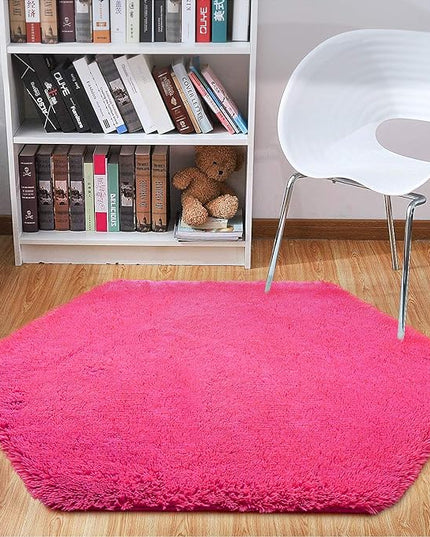 junovo Ultra Soft Rug for Nursery Children Room Baby Room Home Decor Dormitory Hexagon Carpet for Playhouse Princess Tent Kids Play Castle, Diameter 4.6 ft, Hot-pink - LeafyLoom
