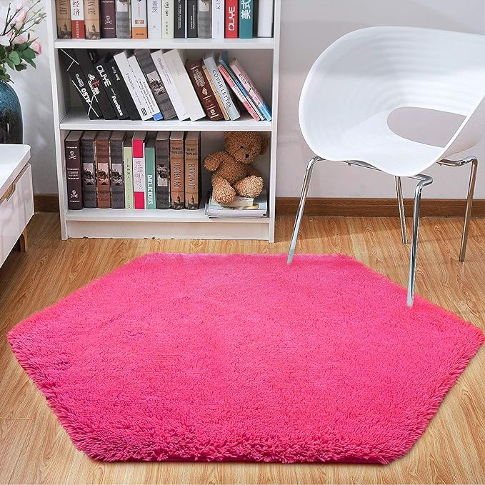 junovo Ultra Soft Rug for Nursery Children Room Baby Room Home Decor Dormitory Hexagon Carpet for Playhouse Princess Tent Kids Play Castle, Diameter 4.6 ft, Hot-pink - LeafyLoom