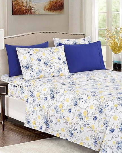 Elegant Comfort Softest and Coziest 6-Piece Sheet Set - 1500 Premium Hotel Quality Microfiber - Deep Pocket, Wrinkle Resistant 6-Piece Floral Bed Sheet Set, California King, Jenna Gold - LeafyLoom