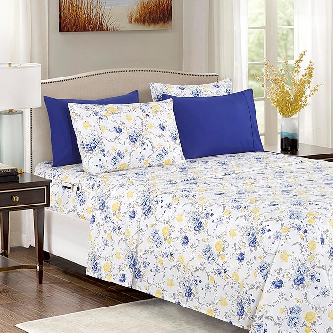 Elegant Comfort Softest and Coziest 6-Piece Sheet Set - 1500 Premium Hotel Quality Microfiber - Deep Pocket, Wrinkle Resistant 6-Piece Floral Bed Sheet Set, California King, Jenna Gold - LeafyLoom