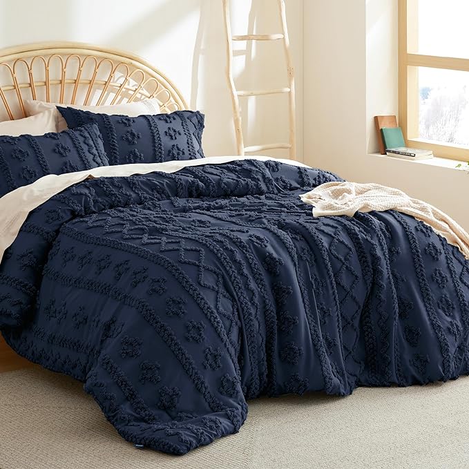 Bedsure Tufted Boho Comforter Set Full - Navy Boho Bedding Comforter Set, 3 Pieces Farmhouse Shabby Chic Embroidery Bed Set, Soft Jacquard Comforter for All Seasons - LeafyLoom
