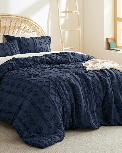 Bedsure Tufted Boho Comforter Set Queen - Navy Boho Bedding Comforter Set, 3 Pieces Farmhouse Shabby Chic Embroidery Bed Set, Soft Jacquard Comforter for All Seasons - LeafyLoom