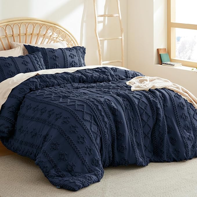 Bedsure Tufted Boho Comforter Set Queen - Navy Boho Bedding Comforter Set, 3 Pieces Farmhouse Shabby Chic Embroidery Bed Set, Soft Jacquard Comforter for All Seasons - LeafyLoom