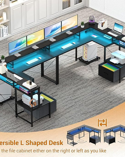 Unikito L Shaped Desk with File Drawer, Reversible L Shaped Computer Desk with Power Outlet & LED Lights, Home Office Desk Corner Desk with Monitor Shelf and Printer Cabinet, Gaming Desk, Black - LeafyLoom