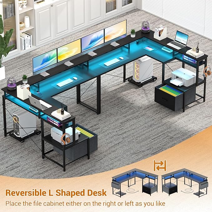 Unikito L Shaped Desk with File Drawer, Reversible L Shaped Computer Desk with Power Outlet & LED Lights, Home Office Desk Corner Desk with Monitor Shelf and Printer Cabinet, Gaming Desk, Black - LeafyLoom