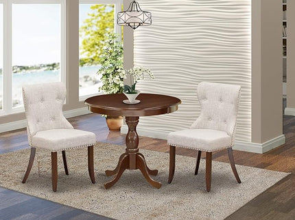 East West Furniture AMSI3-MAH-35 Antique 3 Piece Room Set Contains a Round Kitchen Table with Pedestal and 2 Doeskin Linen Fabric Parson Dining Chairs, 36x36 Inch - LeafyLoom