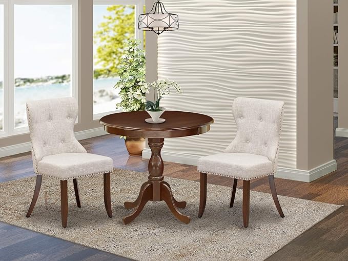 East West Furniture AMSI3-MAH-35 Antique 3 Piece Room Set Contains a Round Kitchen Table with Pedestal and 2 Doeskin Linen Fabric Parson Dining Chairs, 36x36 Inch - LeafyLoom