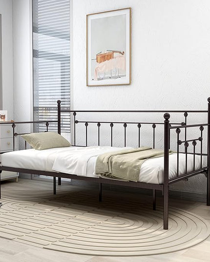 alazyhome Twin Size Metal Daybed Guest Bed Frame for Living Room Bedroom Steel Slat Support No Box Spring Needed Space Saving Brown - LeafyLoom