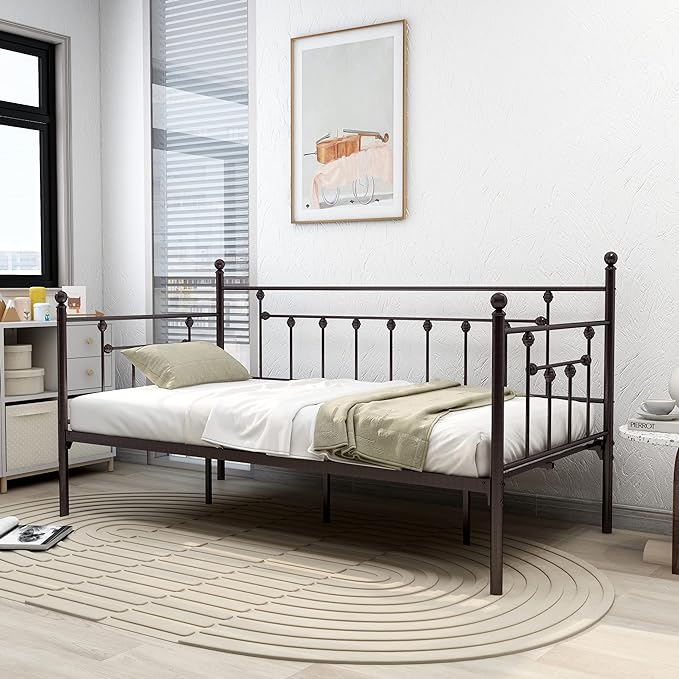 alazyhome Twin Size Metal Daybed Guest Bed Frame for Living Room Bedroom Steel Slat Support No Box Spring Needed Space Saving Brown - LeafyLoom
