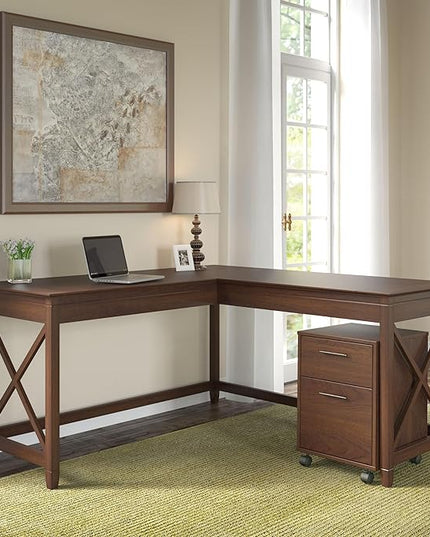 Bush Furniture Key West 60W L Shaped Desk with 2 Drawer Mobile File Cabinet in Bing Cherry - LeafyLoom